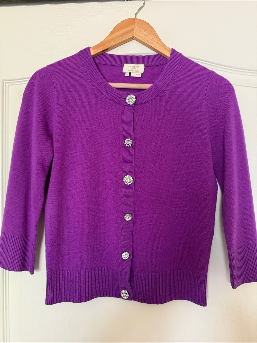 Kate Spade Cashmere & Wool Jeweled Cardigan Sweater XS Magenta Purple